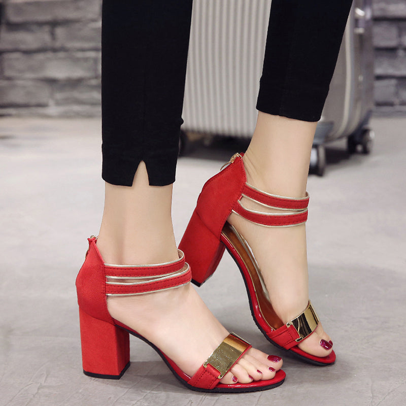 Elegant Black and Gold Chunky Heel Sandals S-17