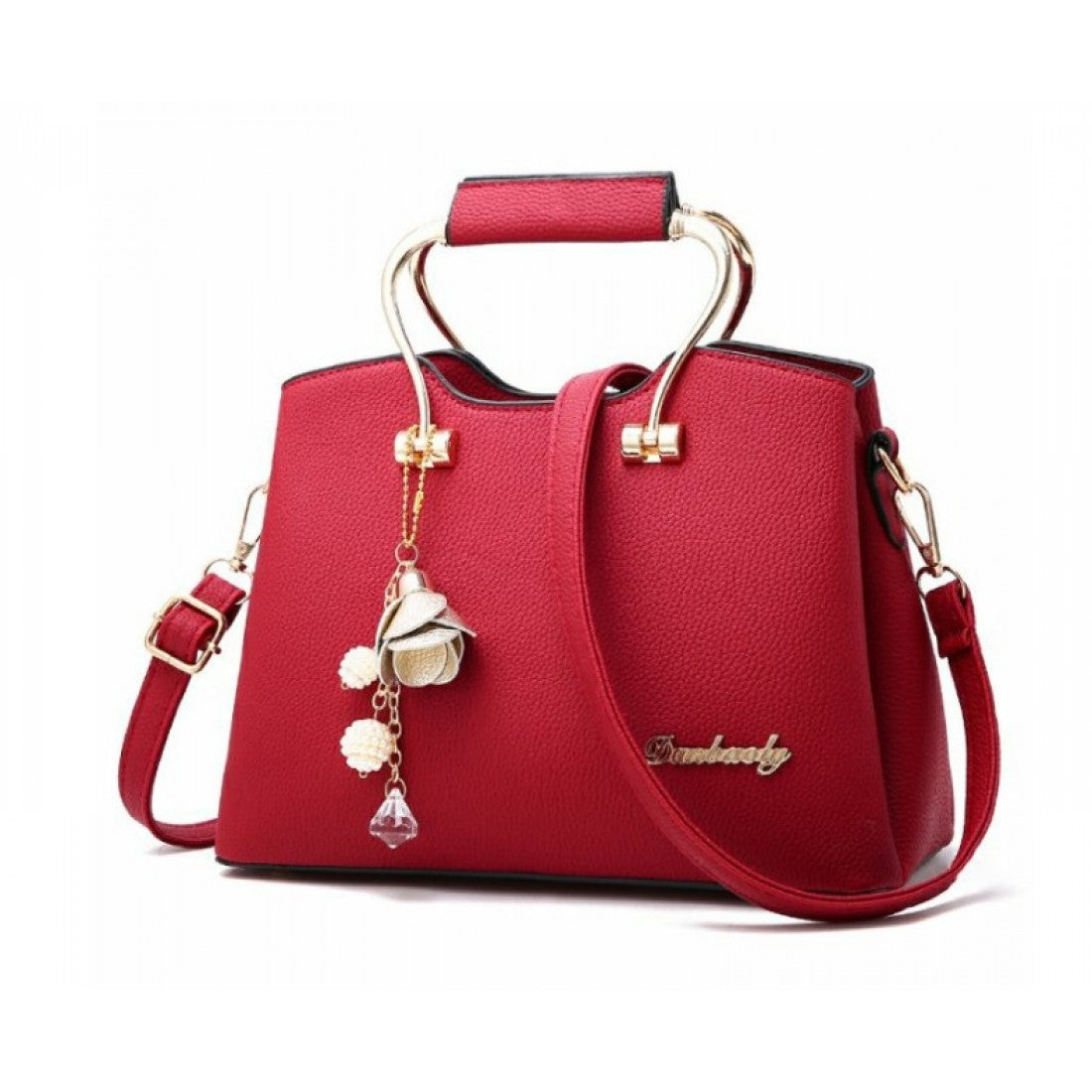 Elegant Handbag with Gold Handles and Charm Pendant