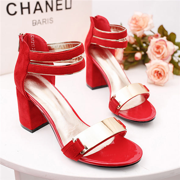 Elegant Black and Gold Chunky Heel Sandals S-17