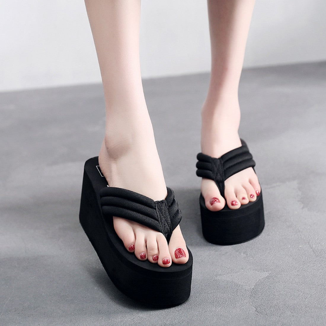Stylish Black Wedge Sandals with Thick Straps S-148