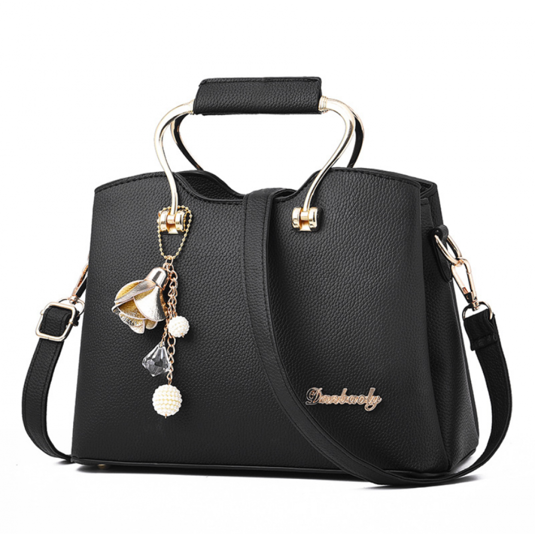 Elegant Handbag with Gold Handles and Charm Pendant