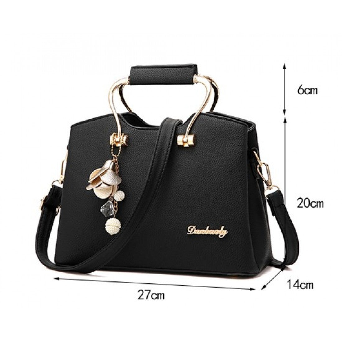 Elegant Handbag with Gold Handles and Charm Pendant