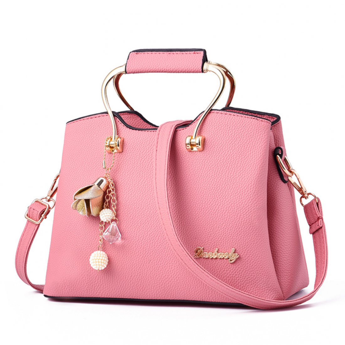 Elegant Handbag with Gold Handles and Charm Pendant