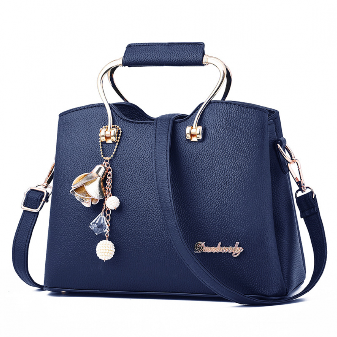 Elegant Handbag with Gold Handles and Charm Pendant