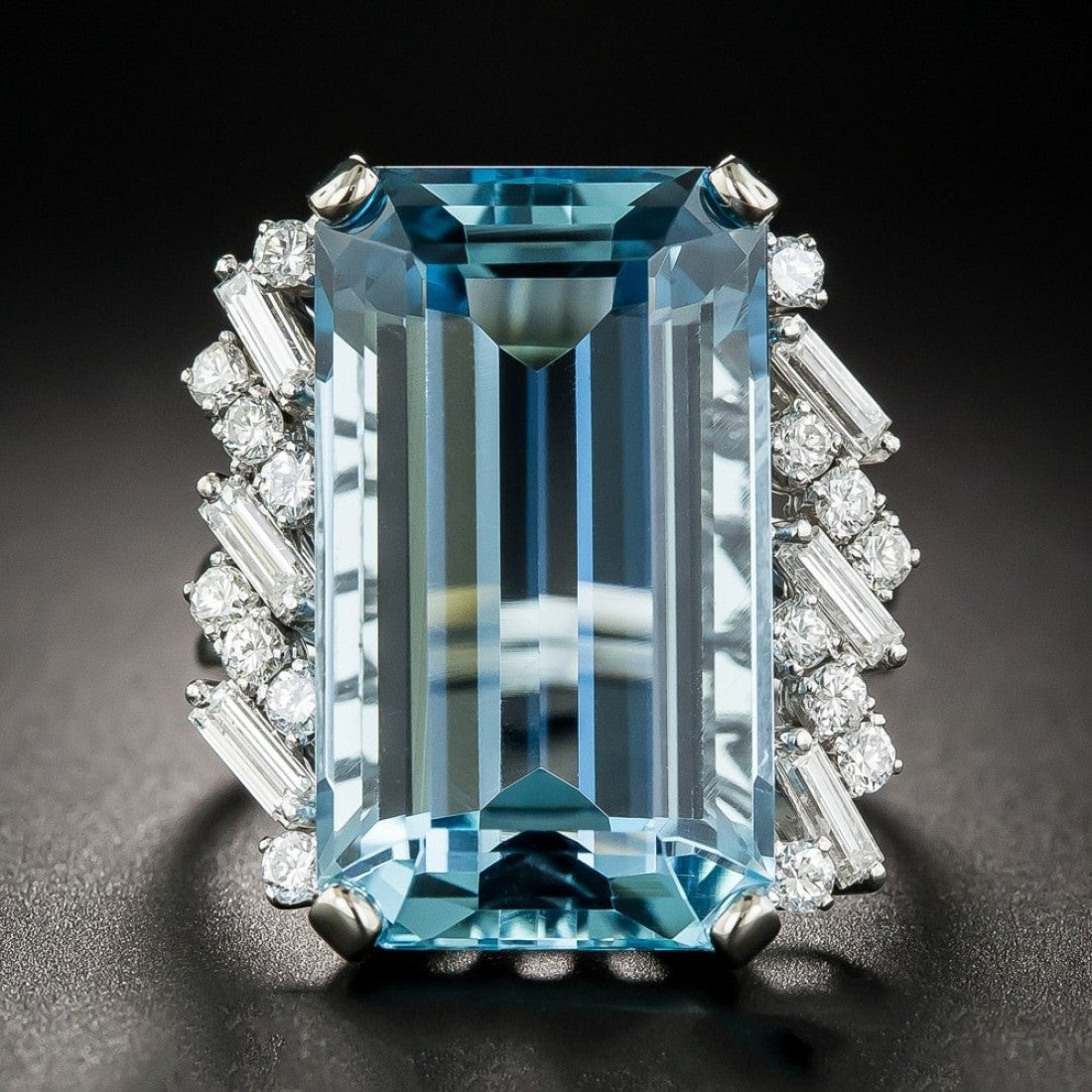 Aquamarine Cocktail With Baguette and Round Diamonds Ring R-04