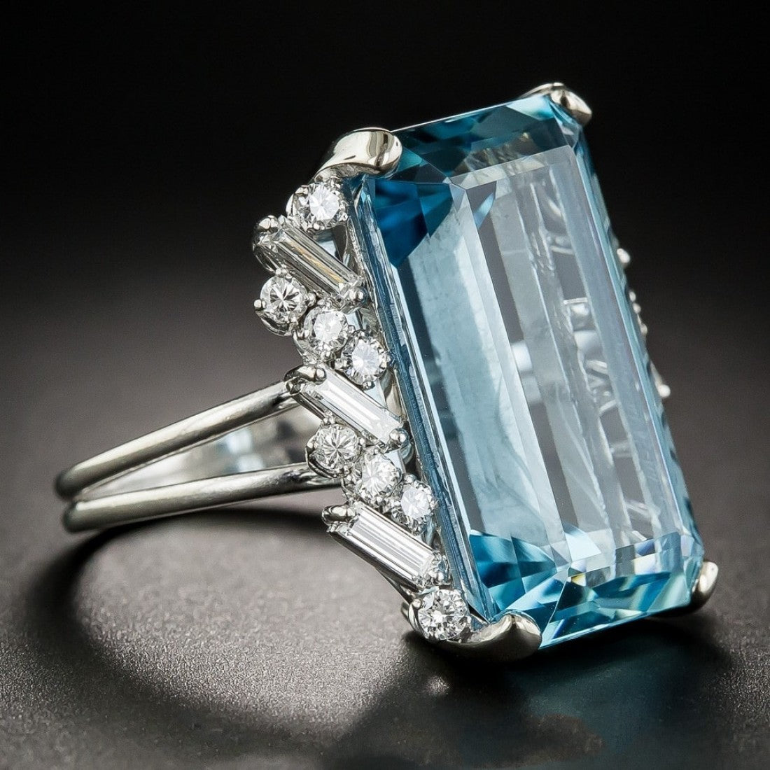 Aquamarine Cocktail With Baguette and Round Diamonds Ring R-04