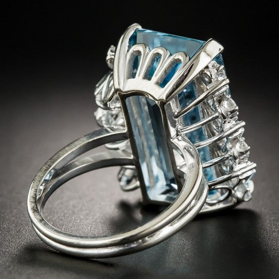Aquamarine Cocktail With Baguette and Round Diamonds Ring