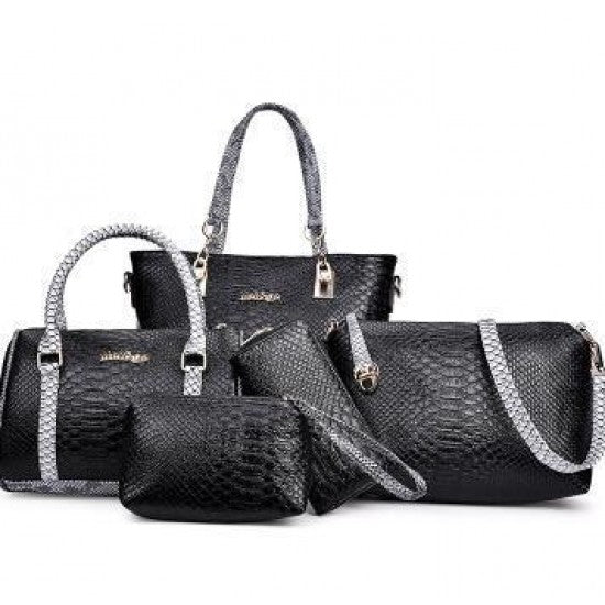 Black 5 Piece Snake Pattern Ladies Hand bags Set