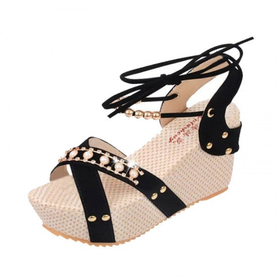 Stylish Cream and Beige Wedges with Distinctive Pearl Embellishments