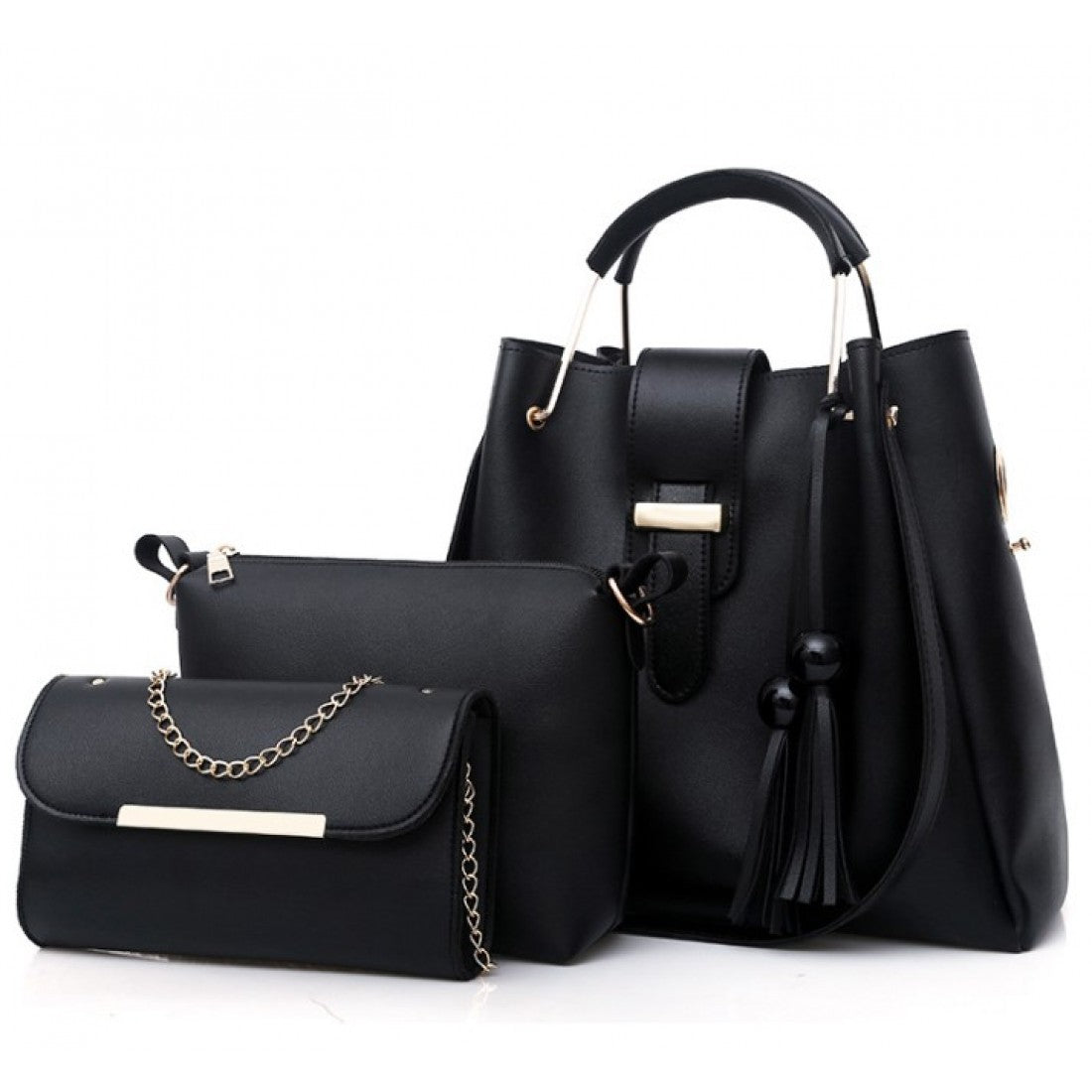 Solid Tassel Hanging PU Leather Bag Set
