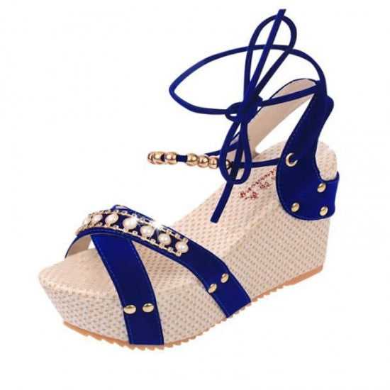 Stylish Blue and Beige Wedges with Distinctive Pearl Embellishments