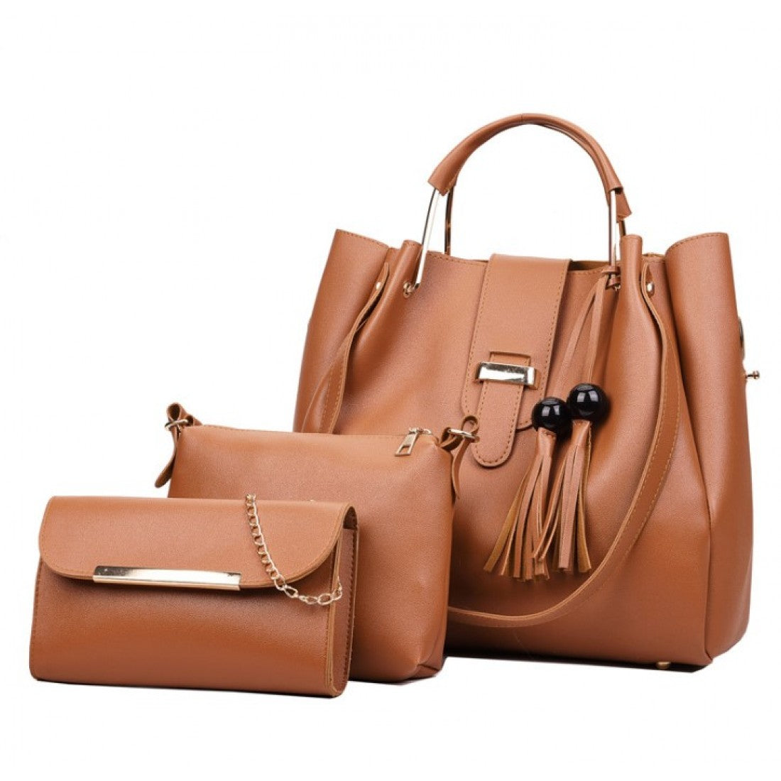 Solid Tassel Hanging PU Leather Bag Set