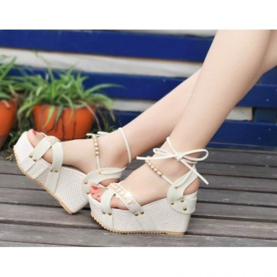 Stylish Cream and Beige Wedges with Distinctive Pearl Embellishments