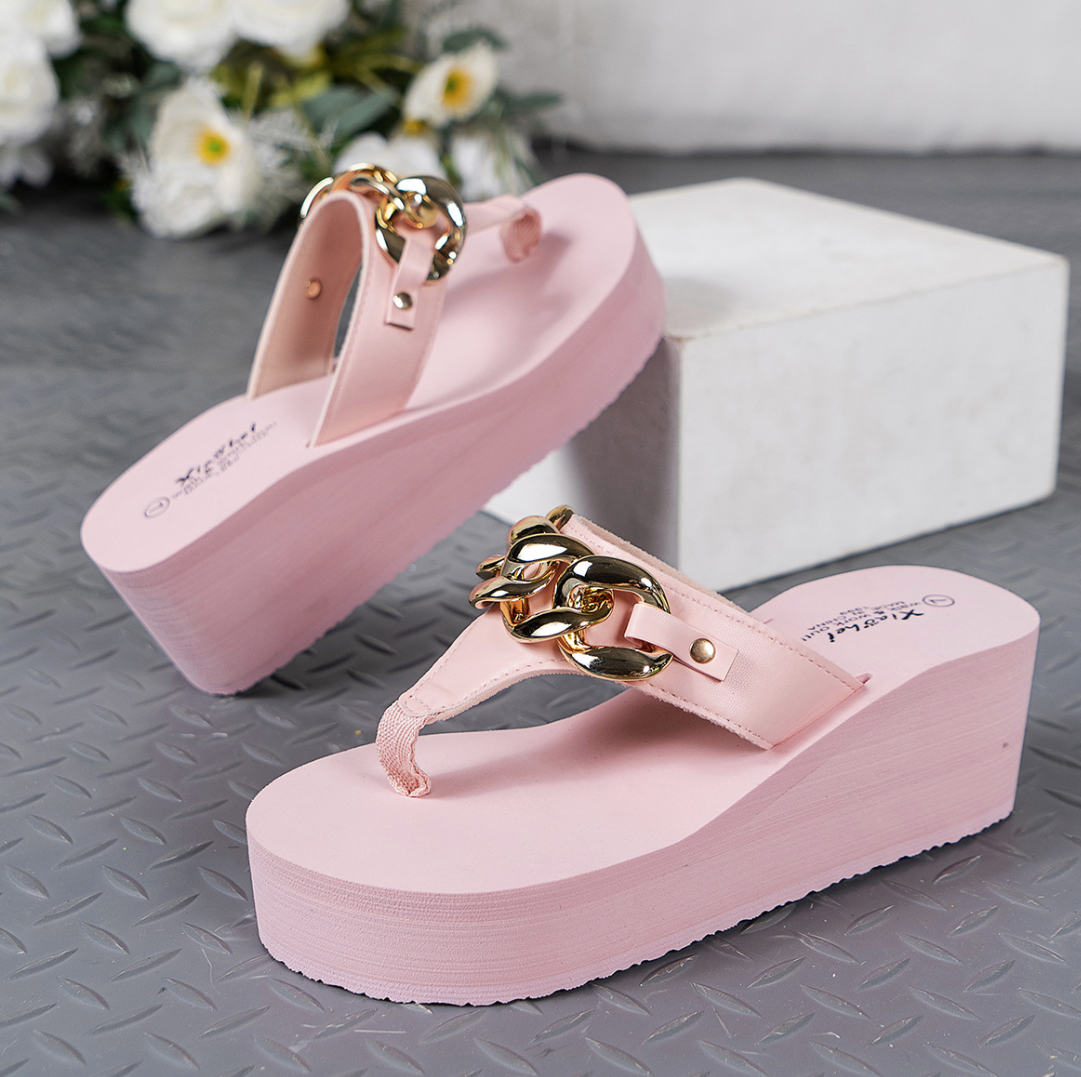 Platform Flip-Flops with Gold Chain Design S-158