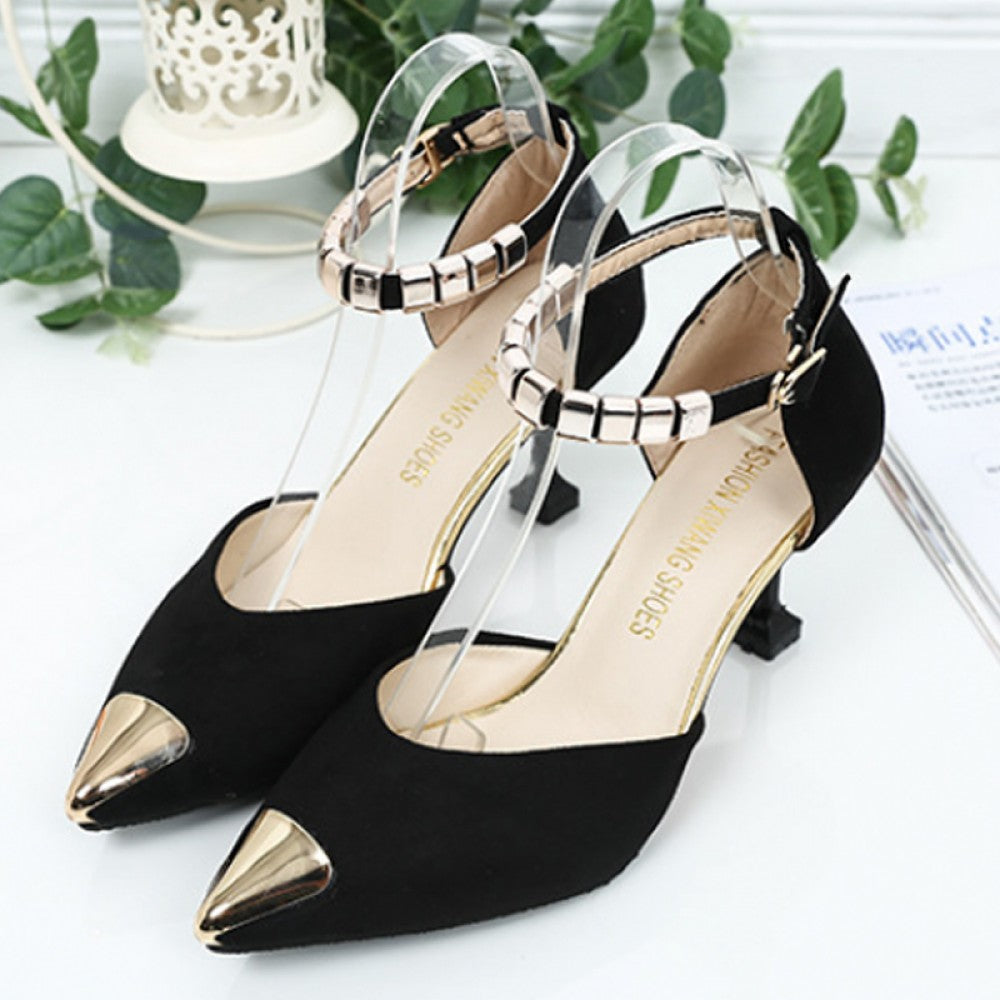 Pointed Hollow Word Buckle Heels Sandals S-82