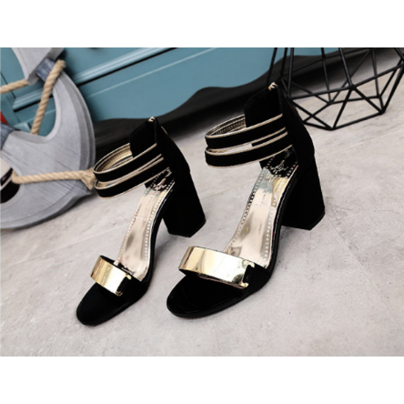 Elegant Black and Gold Chunky Heel Sandals S-17