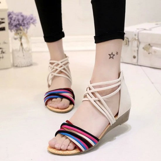 Vibrant Strappy Sandals: Multi-Colored Bands Meet Stylish Black Interwoven Design S-10