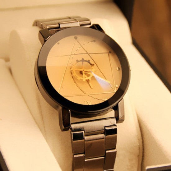 Geometric Pattern Golden Dial Steel Belt Watch