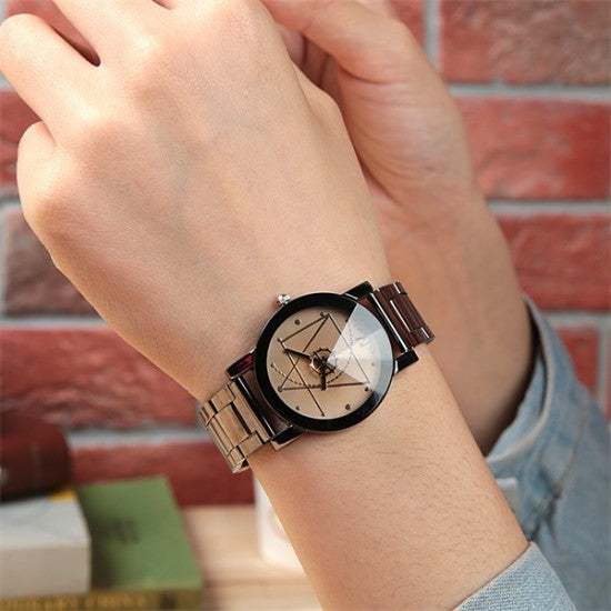Geometric Pattern Golden Dial Steel Belt Watch