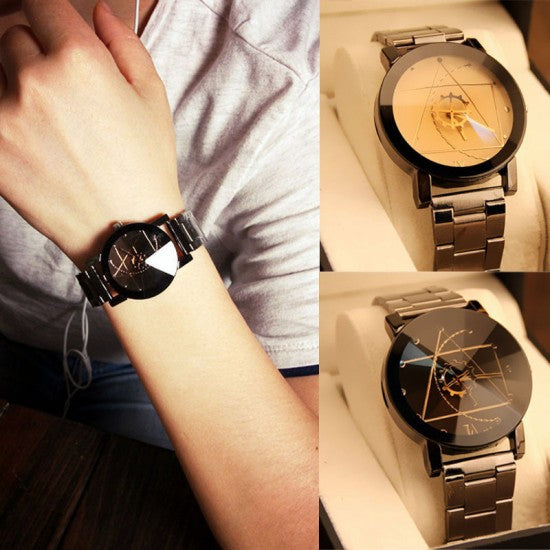Geometric Pattern Black Dial Steel Belt Watch