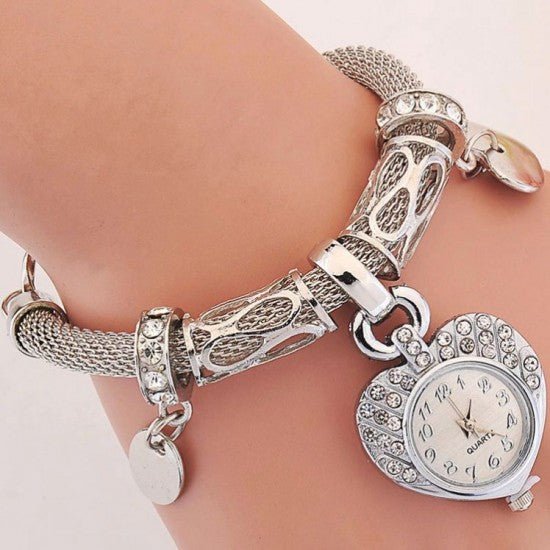 Ladies Silver Peach Heart Dial Bracelet Watch