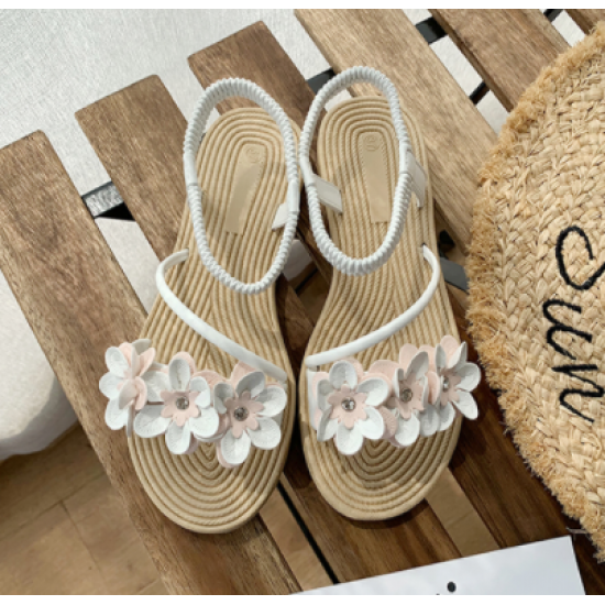 new women Flower style flat Sandal-Black