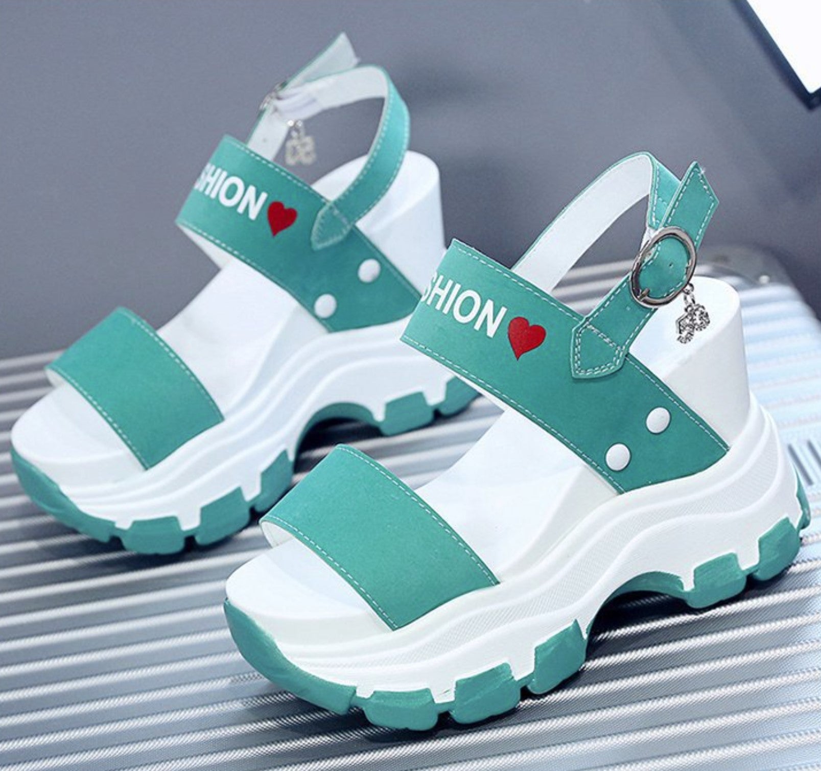 Modern Chunky Platform Red Sandals with Fashion Strap and Heart Motif