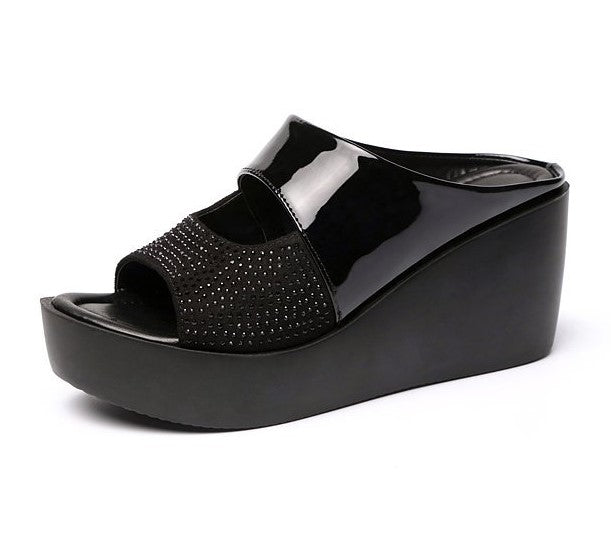 Bold Black Patent Leather Wedge Sandals with Rhinestone Detail S-29