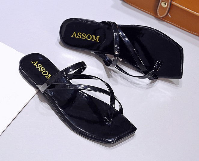 Elegant Patent Leather Thong Sandals with Minimalist Design S-33