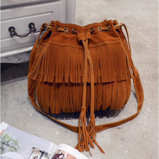 New Simple Retro Tassel Drawstring Bucket Tassel Shoulder Bag - Blue