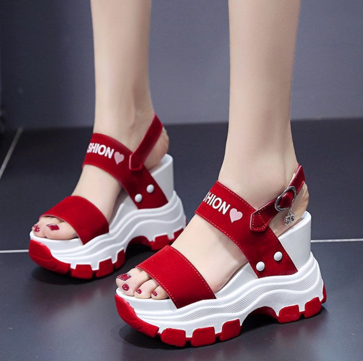 Modern Chunky Platform Red Sandals with Fashion Strap and Heart Motif