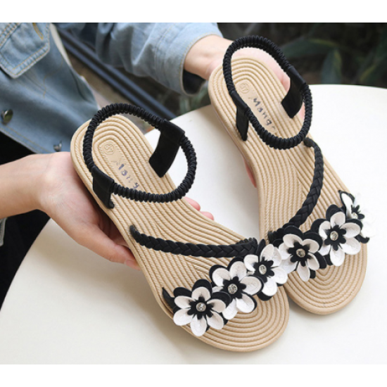 new women Flower style flat Sandal-Black