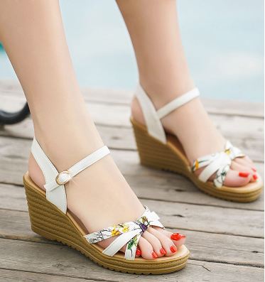 Summer Elegance Floral Print Wedge Sandals with Ankle Strap S-64