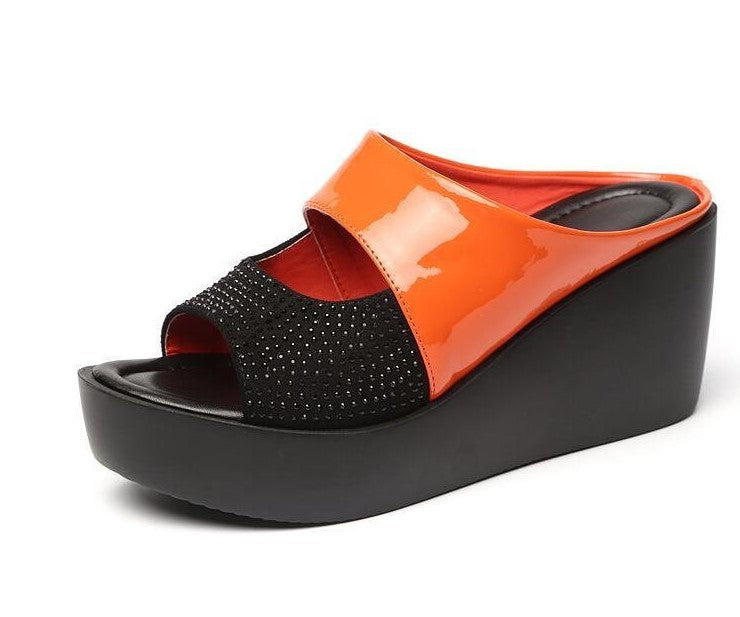 Bold Black Patent Leather Wedge Sandals with Rhinestone Detail S-29