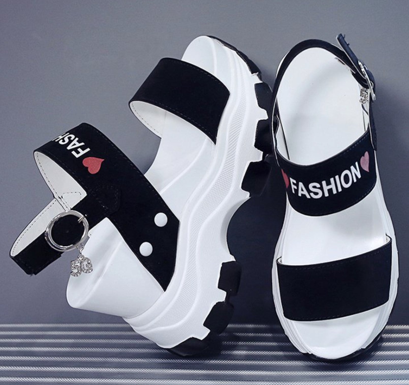 Modern Chunky Platform Red Sandals with Fashion Strap and Heart Motif