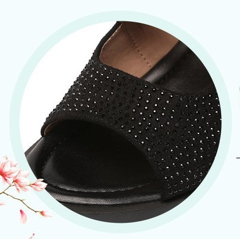 Bold Black Patent Leather Wedge Sandals with Rhinestone Detail S-29