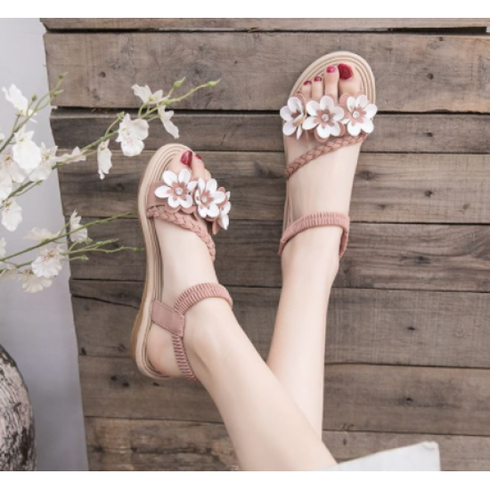 new women Flower style flat Sandal-Black