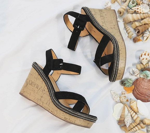 Elegant Cork Wedge Sandals with Suede Straps S-46