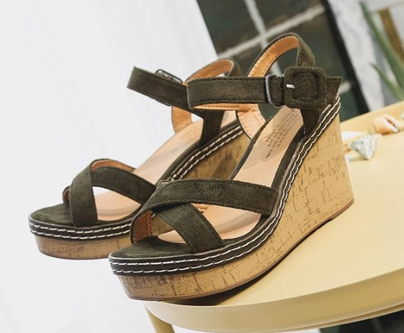 Elegant Cork Wedge Sandals with Suede Straps S-46