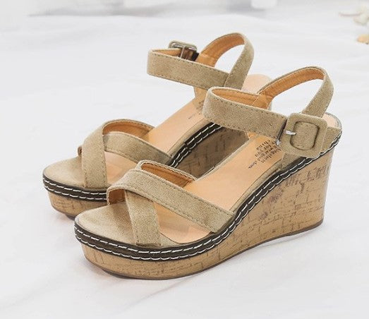 Elegant Cork Wedge Sandals with Suede Straps S-46