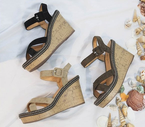 Elegant Cork Wedge Sandals with Suede Straps S-46