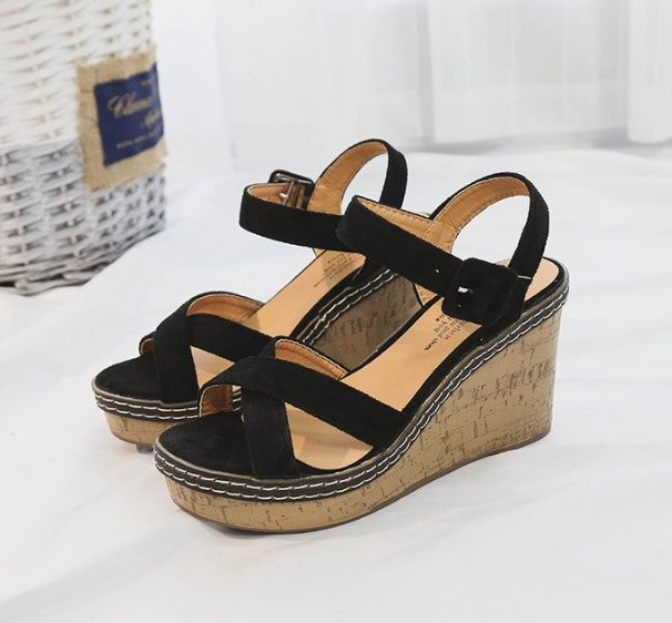 Elegant Cork Wedge Sandals with Suede Straps S-46
