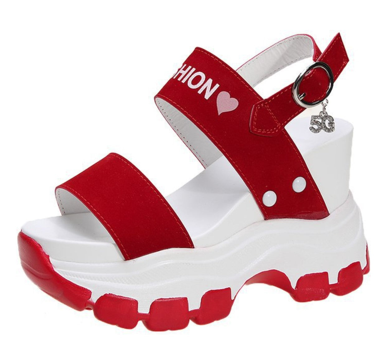 Modern Chunky Platform Red Sandals with Fashion Strap and Heart Motif
