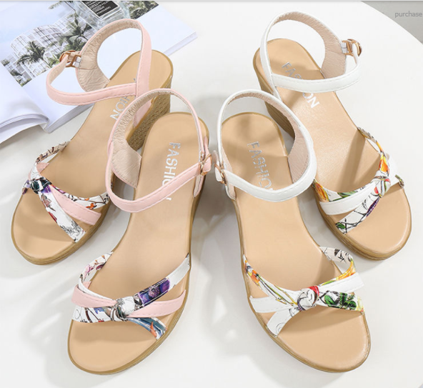 Summer Elegance Floral Print Wedge Sandals with Ankle Strap S-64
