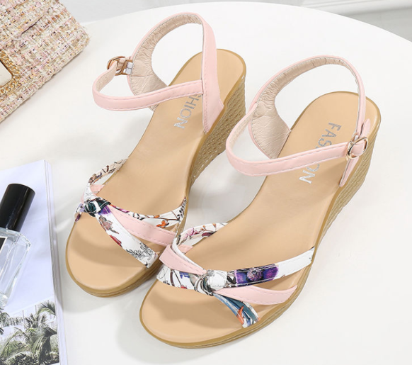 Summer Elegance Floral Print Wedge Sandals with Ankle Strap S-64