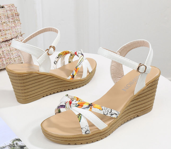 Summer Elegance Floral Print Wedge Sandals with Ankle Strap S-64