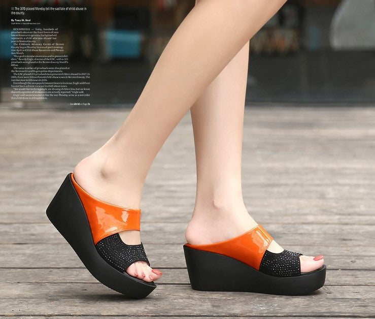 Bold Black Patent Leather Wedge Sandals with Rhinestone Detail S-29