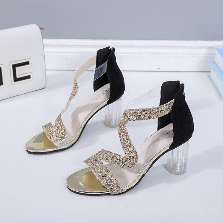 Chic Strappy Sandals with Glitter Sparkle Detail S-49