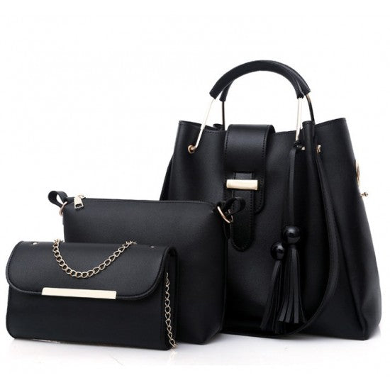 Solid Tassel Hanging PU Pink Leather Bag Set