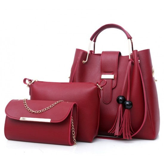 Solid Tassel Hanging PU Pink Leather Bag Set